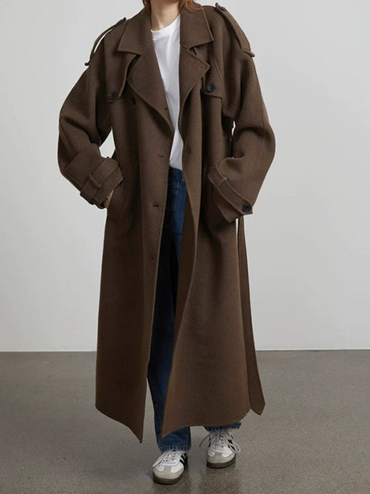 Women's Wool Blend Trench Coat - Oversized Belted Style - UrbanChic