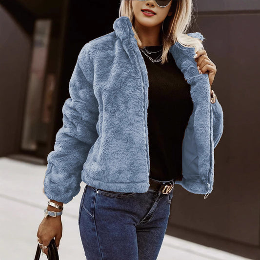 Women's Oversized Faux Fur Coat - Plush High-Collar GlamCoat Blue