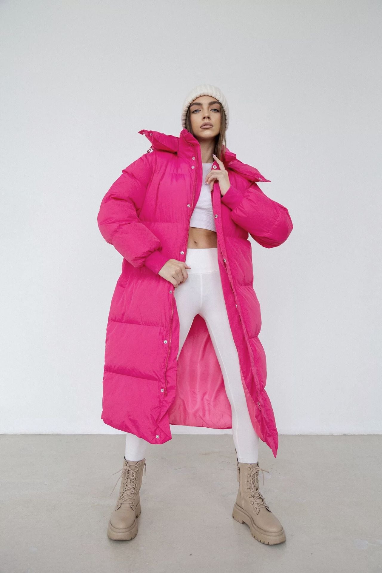 Women’s Long Puffer Trench Coat – Oversized Fit – Quilted Insulated – Hooded Zip Closure Pink