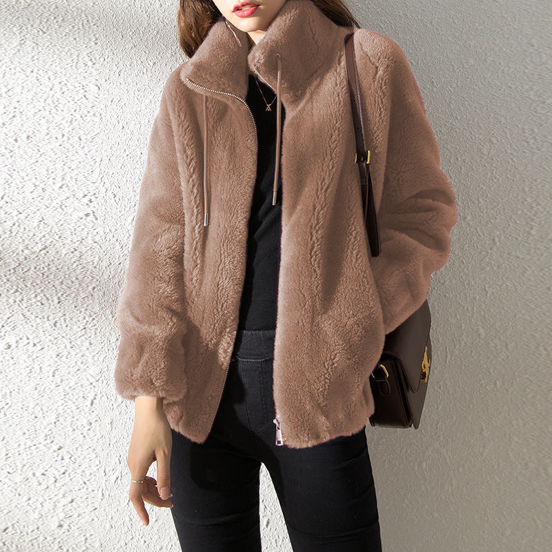 Women’s Bomber Jacket – Plush Fleece – Relaxed Fit – Stand Collar – Zip Front Closure Light Brown