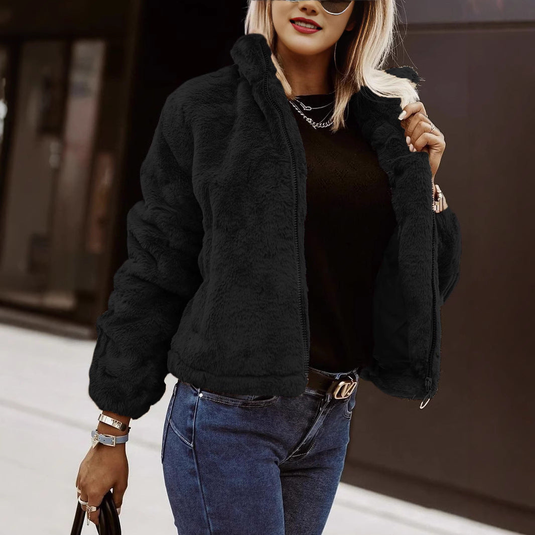 Women's Oversized Faux Fur Coat - Plush High-Collar GlamCoat Black
