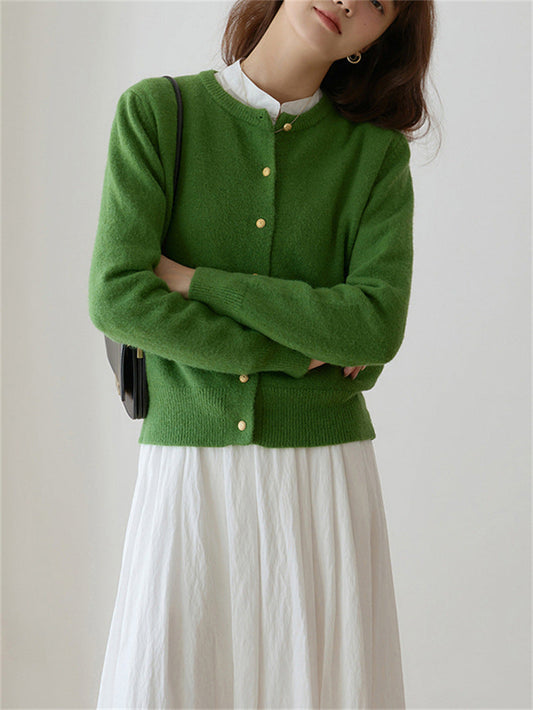 Women's Knitted Cardigan Retro Round Neck Elegant Gold Button - RetroChic