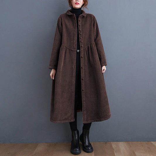 Women’s Long Coat – Corduroy – A-Line Loose Fit – Button Front – Midi Length Brown
