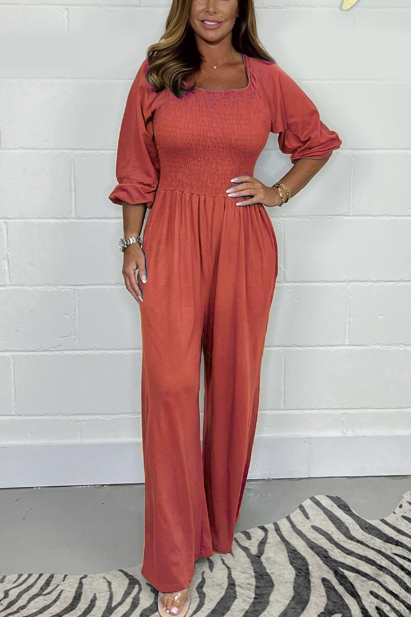 Women’s Jumpsuit – Smocked Bodice – Cotton Blend – Wide Leg – 3/4 Sleeve – Square Neck Red