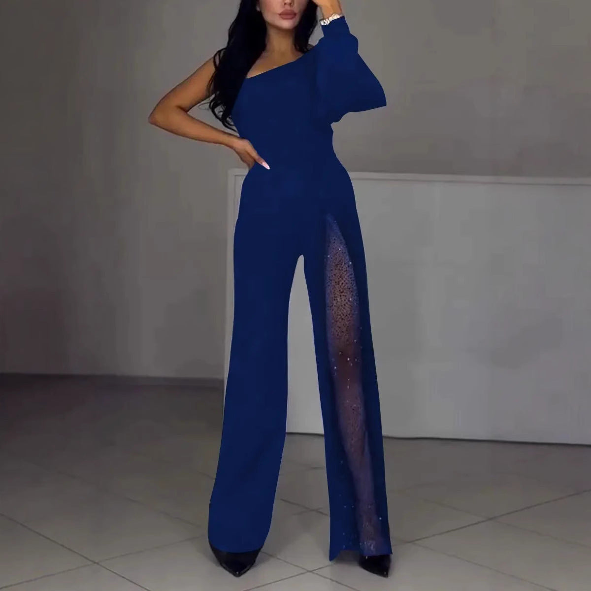 Women’s Jumpsuit – Slim Fit – Asymmetrical Neckline – Sequin Leg Panel – Full Length Dark Blue