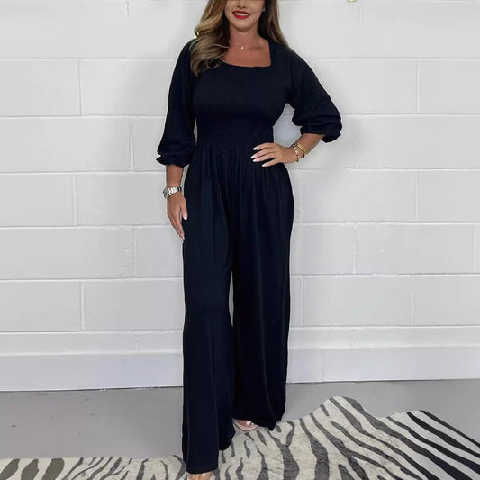Women’s Jumpsuit – Smocked Bodice – Cotton Blend – Wide Leg – 3/4 Sleeve – Square Neck Black
