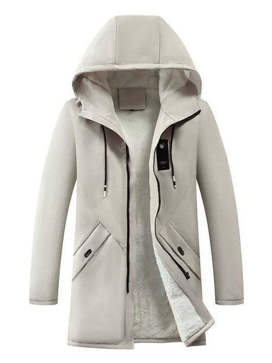 Men's Fleece Lined Windproof Hooded Jacket - WinterShield Off-white