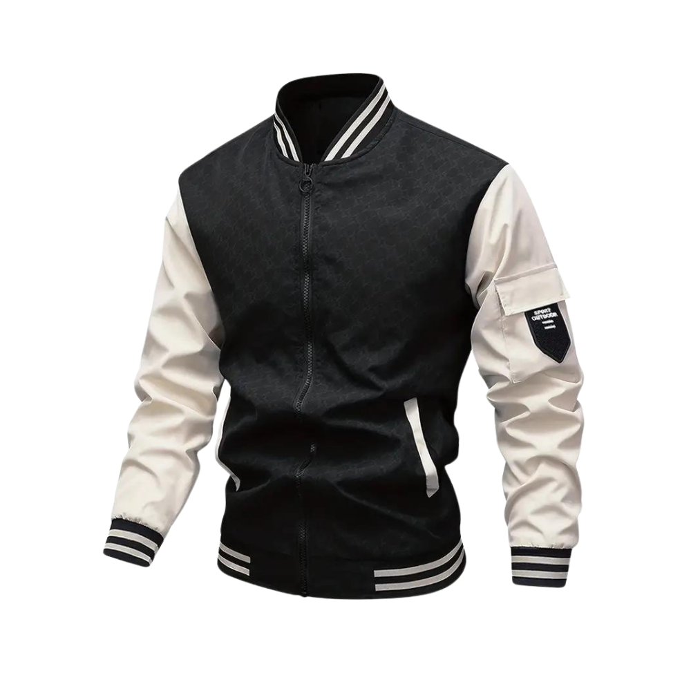 Men’s Bomber Jacket – Regular Fit – Zipper Front – Ribbed Trim – Patch Pocket Black