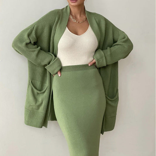 Women's Knitted Cardigan Set - Long Sleeve Open Front, Pocket Detail - CozyChic