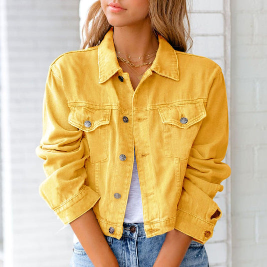 Women's Classic Denim Jacket Comfortable Button-Up - DenimCharm Yellow