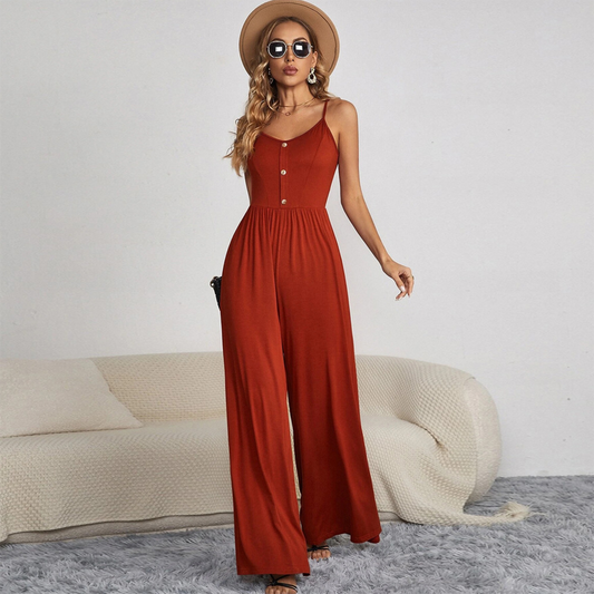 Women's Cotton Blend Jumpsuit - Vintage Button, Wide Leg - EffortlessChic