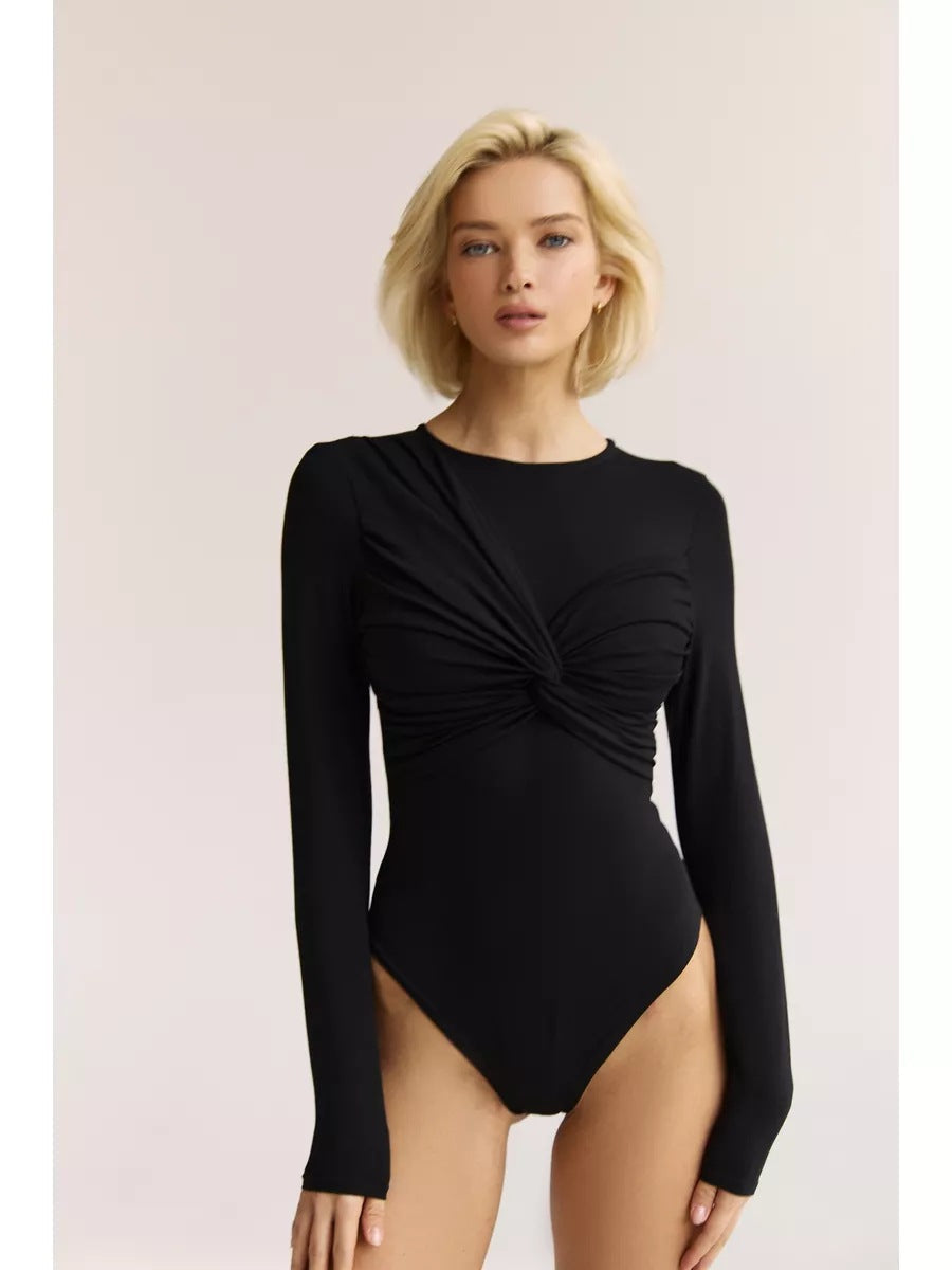 Women’s Bodysuit – Slim Fit – Soft Stretch Fabric – Ruched Front – Long Sleeve Black