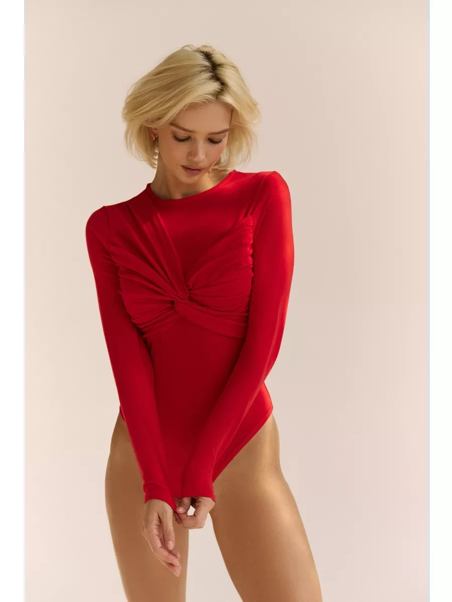 Women’s Bodysuit – Slim Fit – Soft Stretch Fabric – Ruched Front – Long Sleeve