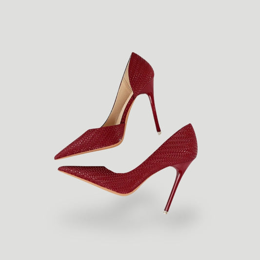 Women’s Stiletto Heels – Pointed Toe – Textured Luxury Finish – Sleek Slip-On Fit Dark Red