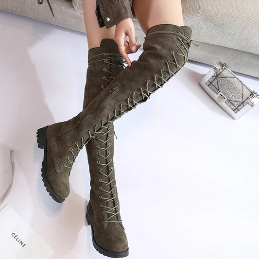 Women’s Over-the-Knee Boots – Suede Feel – Lace-Up Front – Side Zipper – Rugged Sole Green