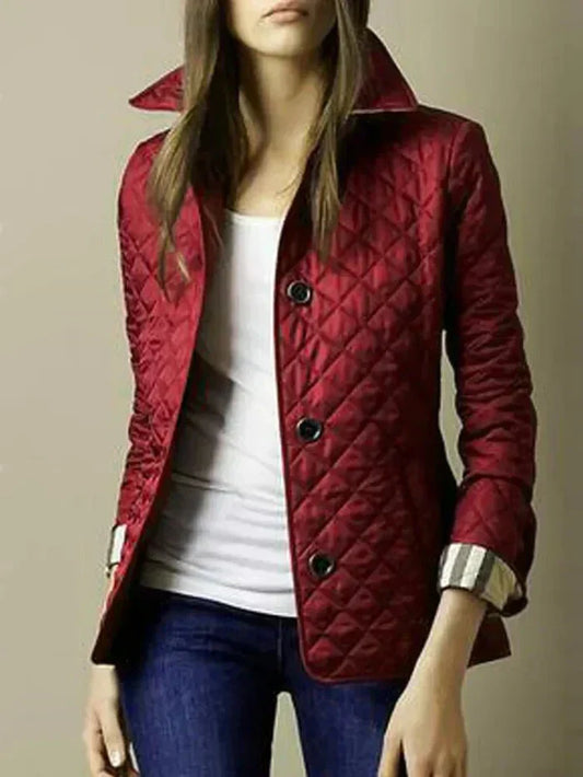 Women’s Quilted Jacket – Tailored Fit – Diamond Pattern – High Collar – Button Front Red