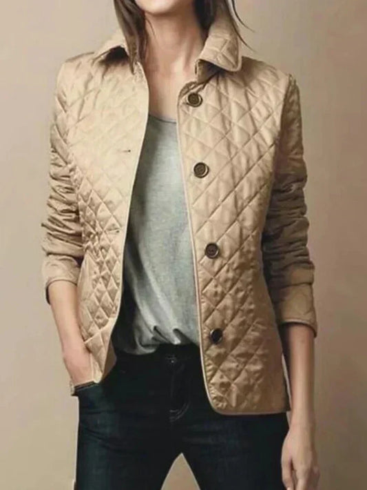 Women’s Quilted Jacket – Tailored Fit – Diamond Pattern – High Collar – Button Front Beige