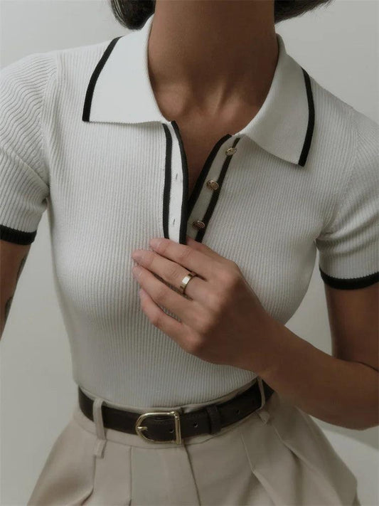 Women's Ribbed Knit Polo Shirt - Stretch Fit, Chic Trim - PoloBella