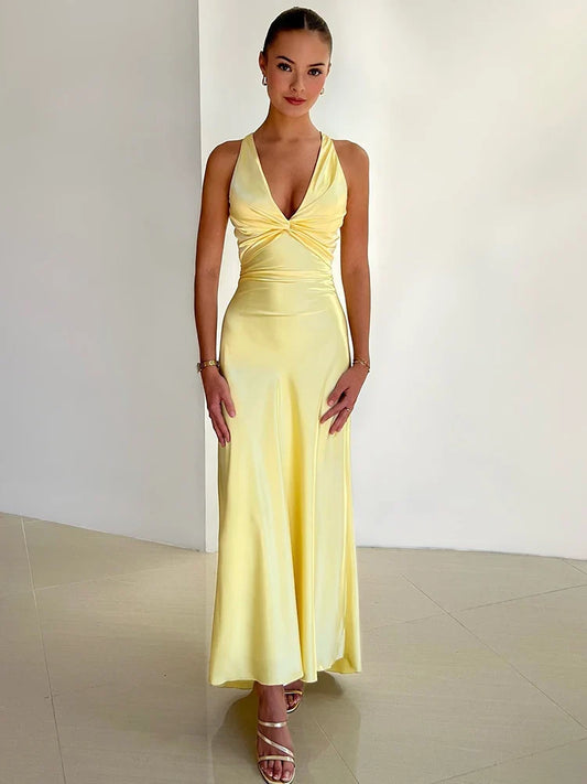 Women's Satin Maxi Dress Halter Neck - Evening Allure