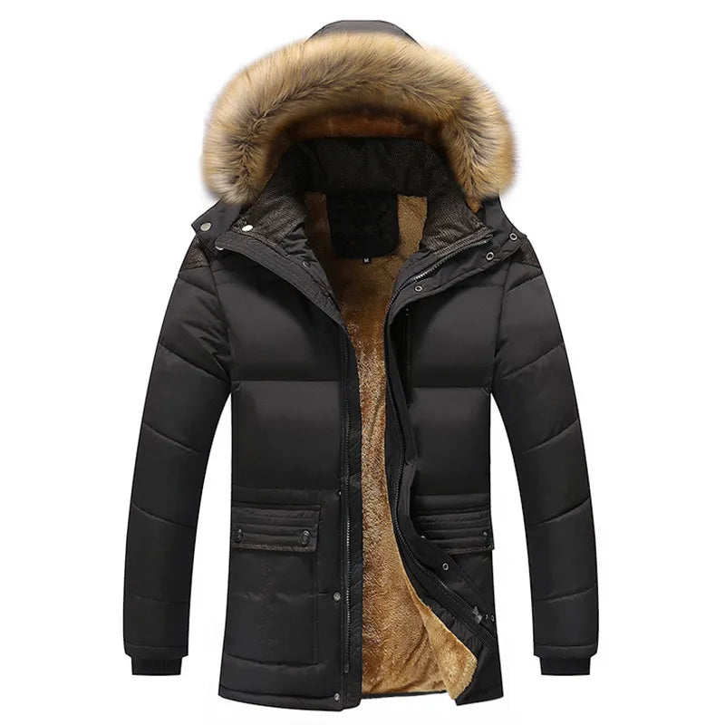 Men's winter jacket with hood, padded and warm. Black