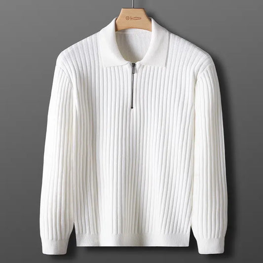 Men’s Pullover Sweater – Wool – Half Zip – Ribbed – Polo Collar – Regular Fit White