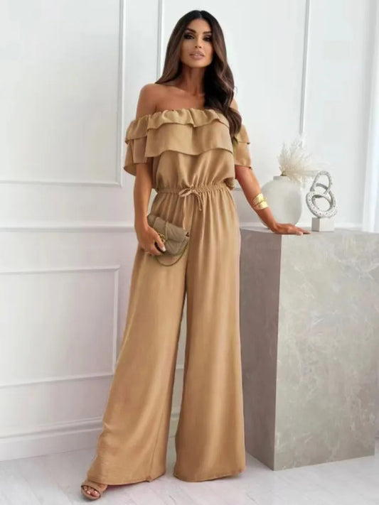 Women's Ruffled Off-Shoulder Jumpsuit - Chic Wide-Leg Romper - BellaForma
