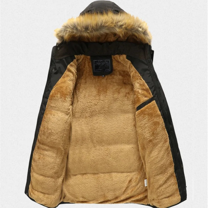 Men's winter jacket with hood, padded and warm. Khaki