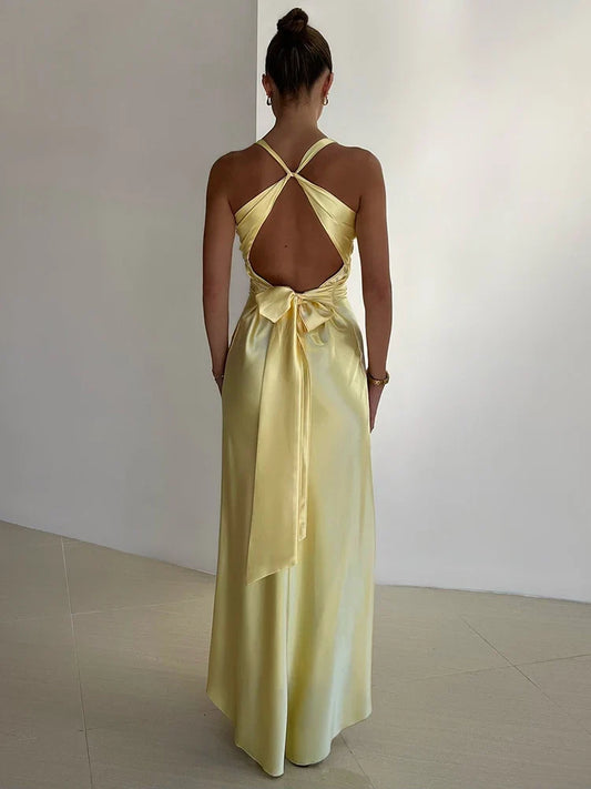 Women's Satin Maxi Dress Halter Neck - Evening Allure