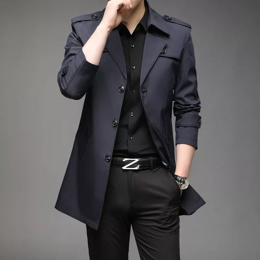 Men’s Trench Coat – Tailored Fit – Double Breasted – Structured Silhouette – Medium Length Navy