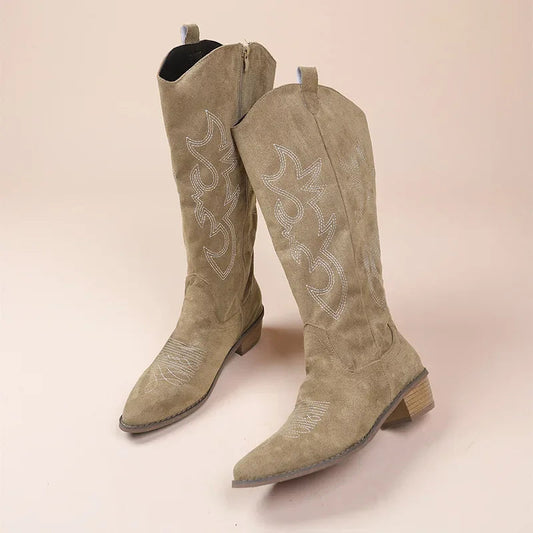 Women's Suede Cowboy Boots Embroidered Western Style - UrbanStride