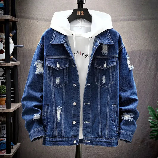Men’s Denim Jacket – Distressed Loose Fit – Single Breasted – Streetwear Style Dark Blue