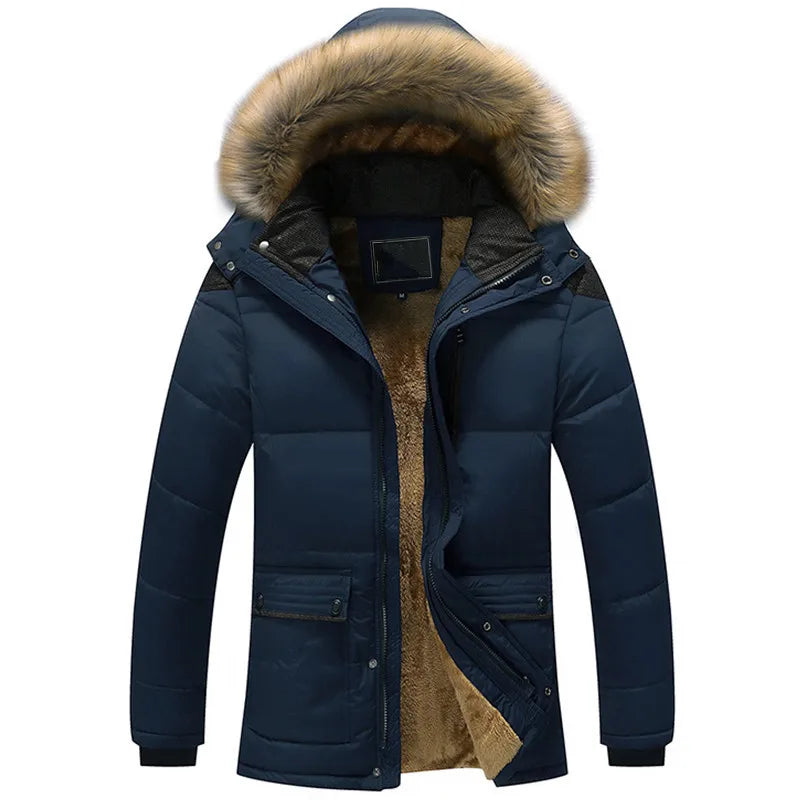 Men's winter jacket with hood, padded and warm. Dark Bkue