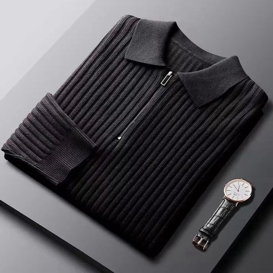 Men’s Pullover Sweater – Wool – Half Zip – Ribbed – Polo Collar – Regular Fit Black