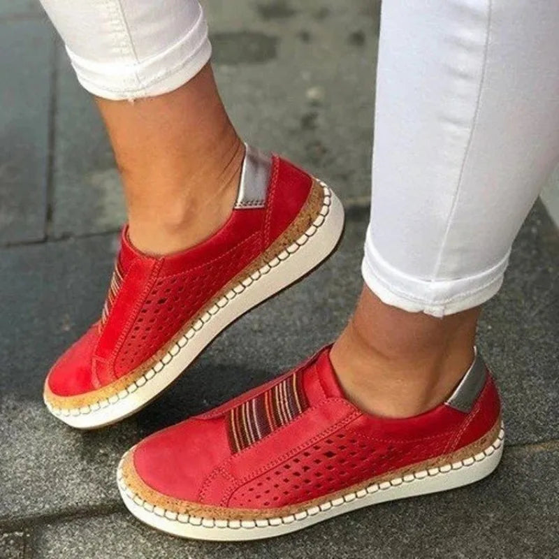 Women’s Slip-On Shoes – Breathable Perforated Upper – Cushioned Sole – Casual Fit Red