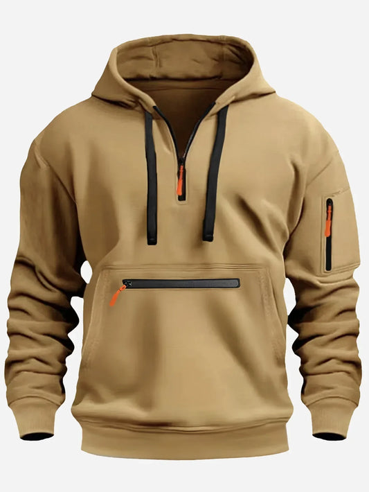 Men’s Sweatshirt – Fleece – Loose Fit – Half Zip Hooded – Ribbed Cuffs – Zip Pockets Brown