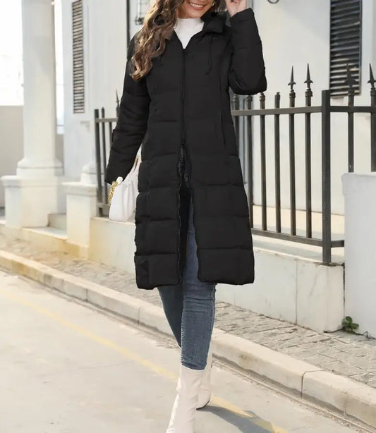 Women's Knee-Length Hooded Puffer Jacket - Winter Bliss