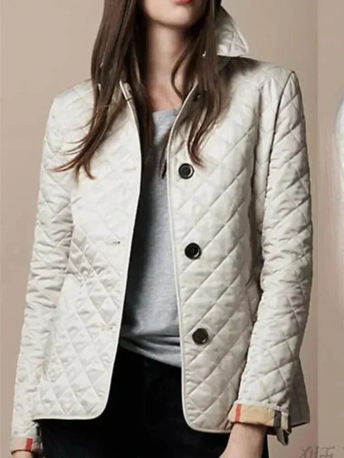Women’s Quilted Jacket – Tailored Fit – Diamond Pattern – High Collar – Button Front White