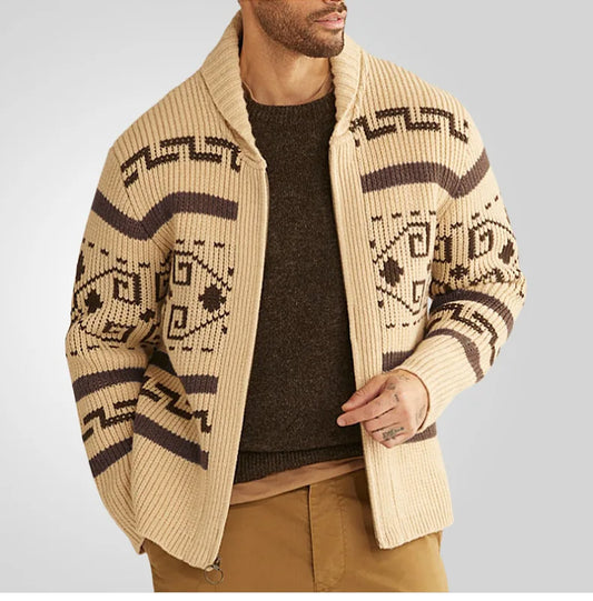 Men’s Cardigan Sweater – Slim Fit – Wool Knit – Zipper Front – Turn Down Collar Khaki
