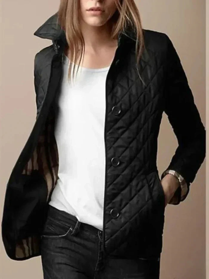 Women’s Quilted Jacket – Tailored Fit – Diamond Pattern – High Collar – Button Front Black