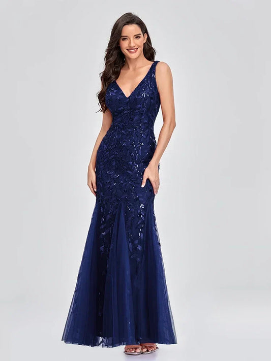 Women's Evening Prom Gown - Sleeveless V-Neck - Sequin Embellished - Floor-Length Elegant Fit Navy Blue