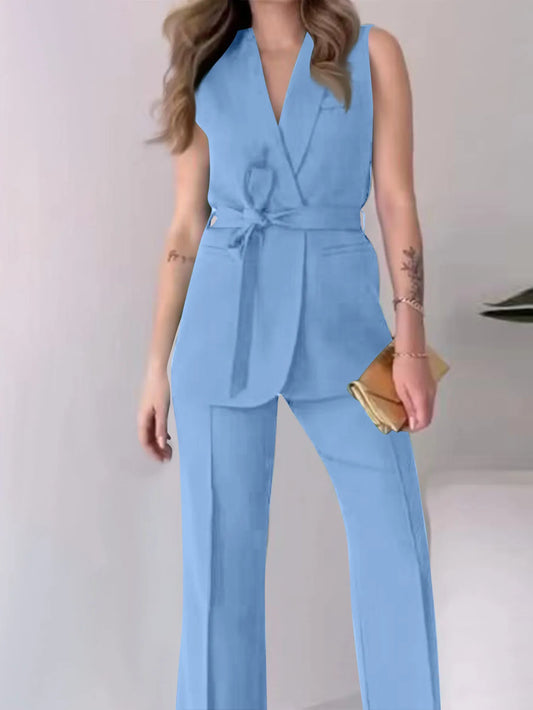 Women's Sleeveless Blazer Suit Set - Tailored Chic, Belted - PowerSuit