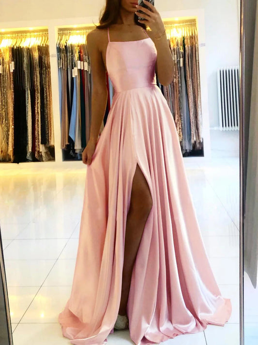 Women's Evening Prom Gown - Floor-Length Satin - Spaghetti Straps - Square Neck - High Slit Dusty Pink