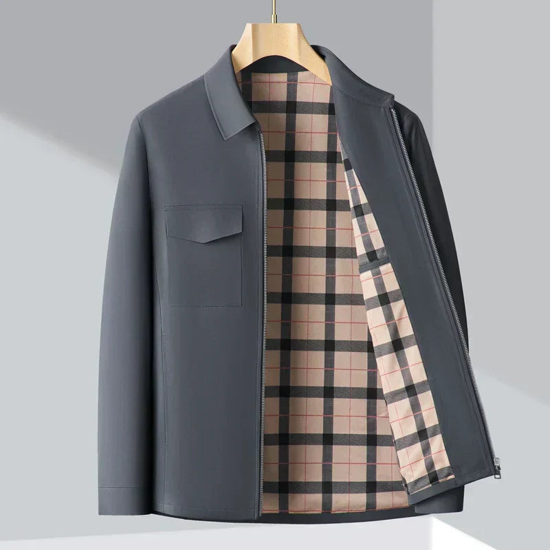 Men’s Jacket – Structured Fit – Collared – Plaid Lining – Hip Length – Casual Style Gray