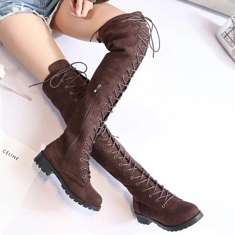 Women’s Over-the-Knee Boots – Suede Feel – Lace-Up Front – Side Zipper – Rugged Sole Brown