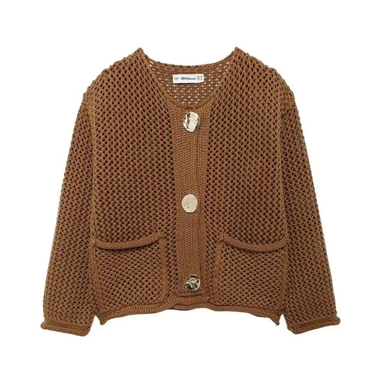 Women's Mesh Knit Cardigan with Pockets - GoldenEase