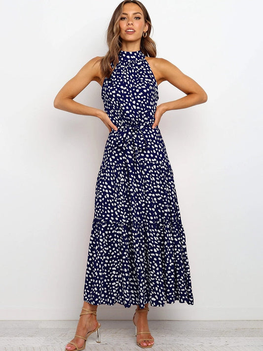 Women's Polka Dot Midi Dress - Flattering Fit, Flowy Halter - DotBloom