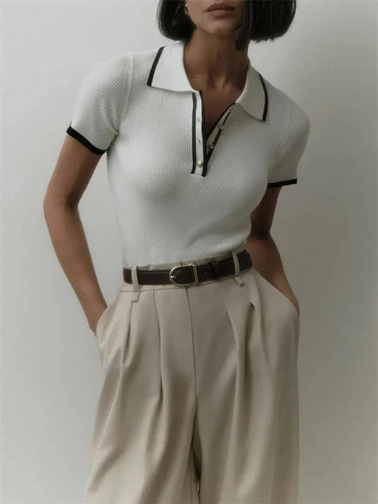 Women's Ribbed Knit Polo Shirt - Stretch Fit, Chic Trim - PoloBella