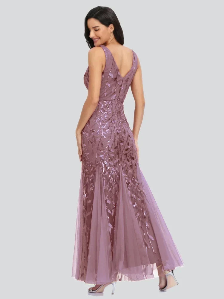 Women's Evening Prom Gown - Sleeveless V-Neck - Sequin Embellished - Floor-Length Elegant Fit Oinon Pink