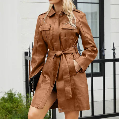 Women’s Mid-Length Jacket – Structured Fit – Sleek Finish – Flap Pockets Brown