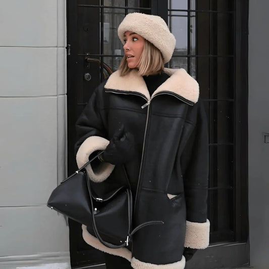 Women’s Jacket – Oversized Relaxed Fit – Plush Lining – Revere Collar – Hip Length Black